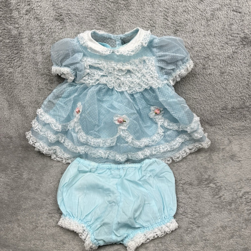 Sears Outfit Baby Girl 6-9 Month Blue Roses Frilly Lace Ruffles Golden Age 70s‎